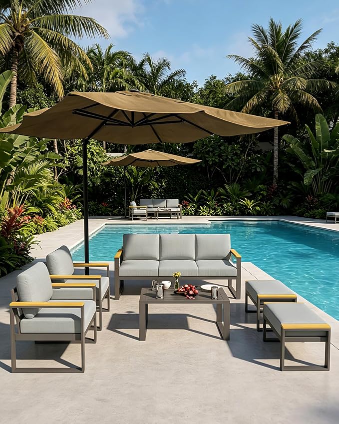 IDEALHOUSE Aluminum Patio Furniture Set, 7 Seats Outdoor Patio Conversation Sets with Coffee Table, 6 Pieces Metal Conversation Sectional Furniture Sofa for Balcony, Garden, Deck, Backyard,Gray