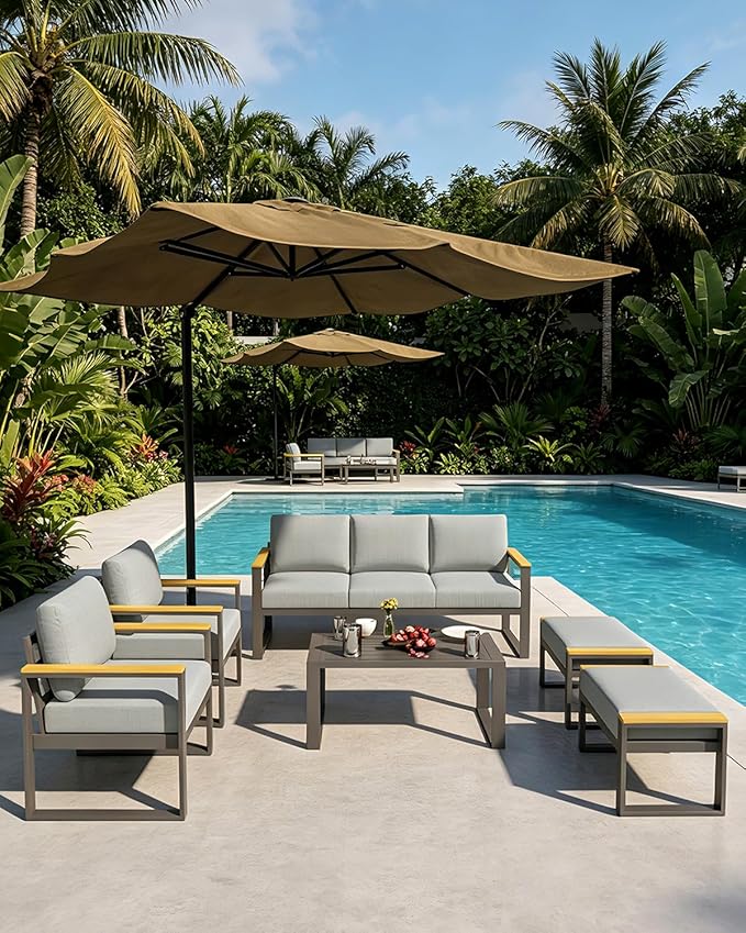 IDEALHOUSE Aluminum Outdoor Patio Furniture - 1 Pcs 3-Seat Sofa and Coffee Table, All-Weather Metal Modern Outside Furniture with Washable Thick Cushion for Balcony, Garden, Deck, Backyard, Gray