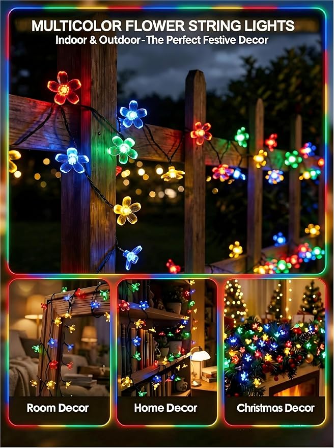 ITICdecor Solar Flower String Lights Outdoor Waterproof 50 LED Solar Powered Fairy Lights for Garden, Fence, Patio, Yard, Christmas Tree & Party Decor (Multi-Color)