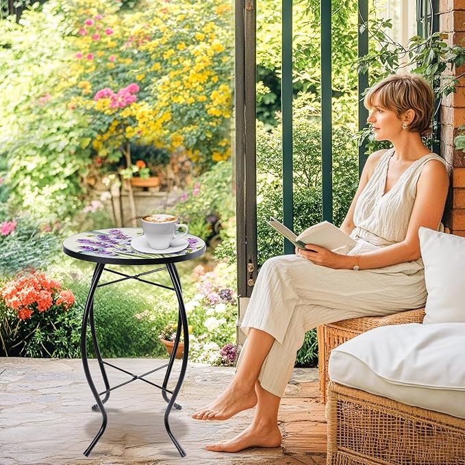 MUMTOP Outdoor End Tables for Patio, Lavender Small Round Side Table, Glass Accent Table for Outside, Garden, Balcony, Porch, Indoor Home Decor
