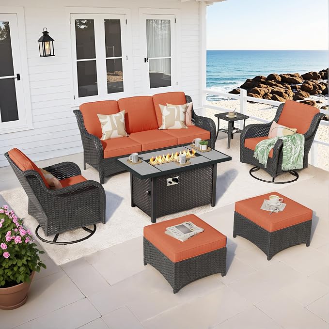 ovios 7 Pieces Patio Furniture Set with 42 inch Fire Pit Table, Outdoor Wicker Sofa Couch Swivel Rocking Glider Chairs, Modern Luxury Conversation Set, Brown Wicker, Orange Red