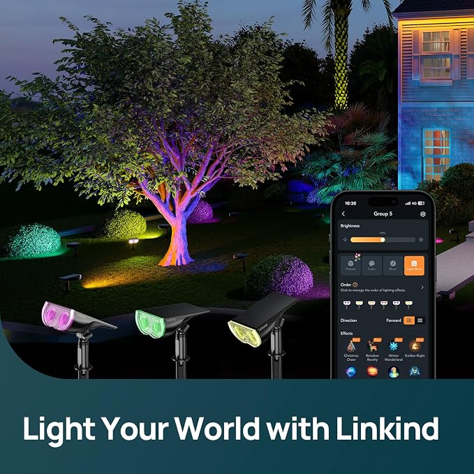 Linkind Smart Solar Spot Lights Outdoor SL5C, IP67 Solar Lights Outdoor | Cool/Warm White/Color Changing Spotlight, APP/Voice Control,Landscape Lighting for Yard, Garden, Pathway(8 Pack)