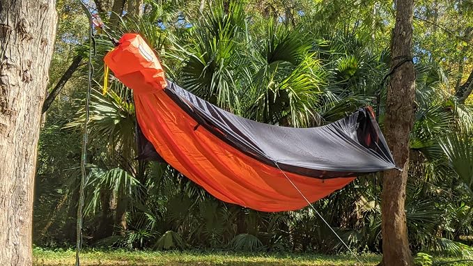 Go Camping Hammock 2.0 w/ Built-In Mosquito Net - Slate Gray by Go Outfitters: 11' Long X 64" Wide |Includes 2 Premium Aluminum Carabiners, Rapid Deployment Bag, 4 Stakes & 4 Shock Cords