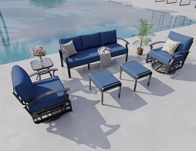 Aluminum Outdoor Patio Furniture Set,5 Seats Patio Conversation Sets with 2 Ottomans,Metal Patio Sectional Furniture Set with 2 Swivel Rocking Chairs, Navy Blue
