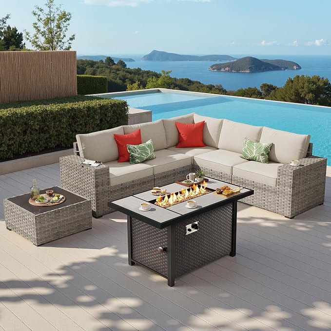 7-Piece Patio Furniture Set, Outdoor Wicker Rattan Patio Furniture Sectional Set with Coffee Table, All Weather Outdoor Fire Pit Conversation Set for Porch Backyard Balcony Garden, Beige
