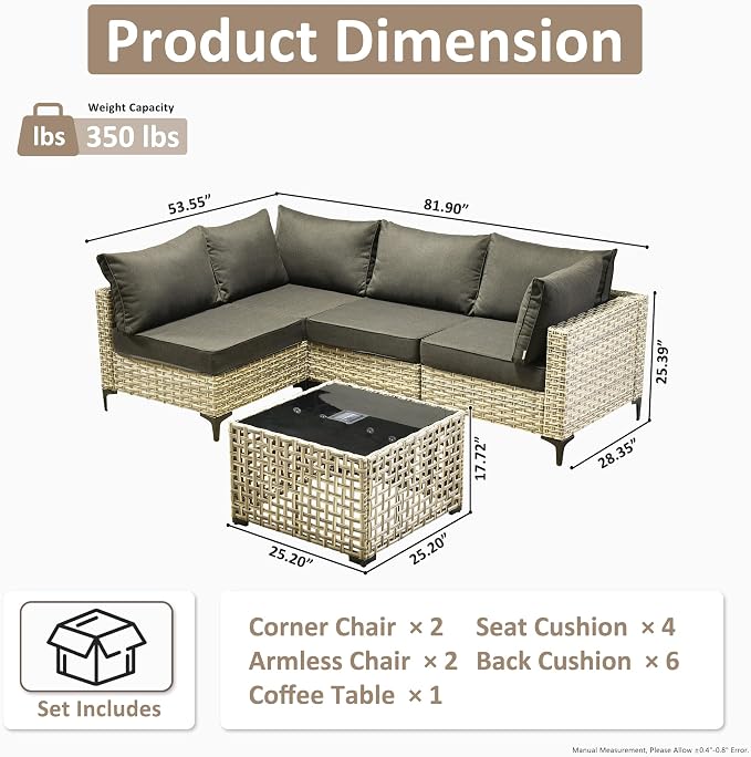 Outdoor Sectional Patio Furniture Set,5 Pieces Rattan Wicker Conversation Sets L Shaped Couch,Outside Furniture with Glowing Coffee Table,Black