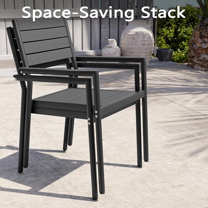 11-Piece Outdoor Dining Set for 10 Person with Black Wood-Grain Top | Armrest Stackable Chairs with 19.4" Seat Depth, Aluminum Frame Dining Furniture with Umbrella Hole for Deck, Porch & Backyard