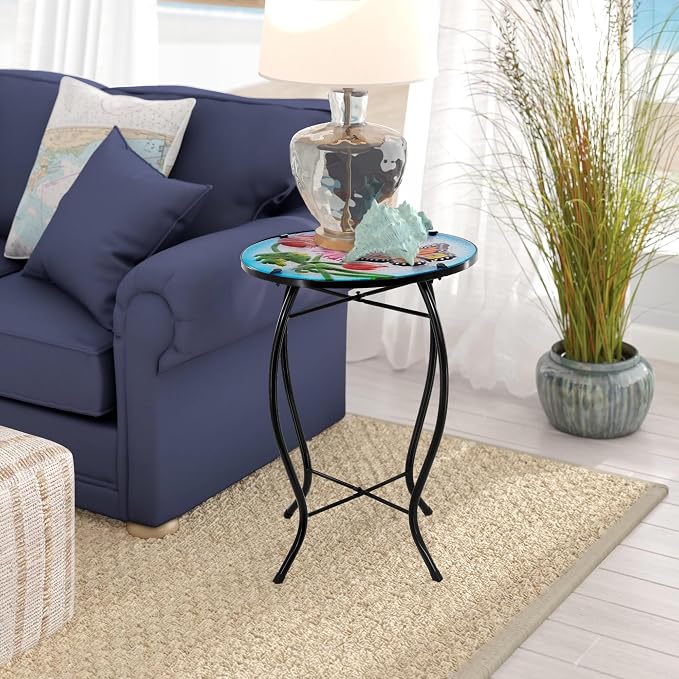 12 Inch Round Butterfly Glass Side Table, Patio Small Table, Outdoor Side Table, Outdoor Bar Table, Metal Glass End Table for Porch Garden Patio Pool Living Room