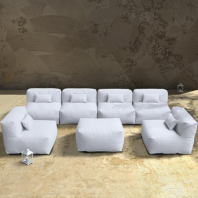 ANNYH CALALUNA 7Pc Patio Garden Furniture Sectional Conversation Set. Combines 6 Middle Chairs, 1 Ottoman/Coffee Table Outdoor Exp Foam Filled Chairs A Unique Modular Contemporary Sofa (Cloud Gray)