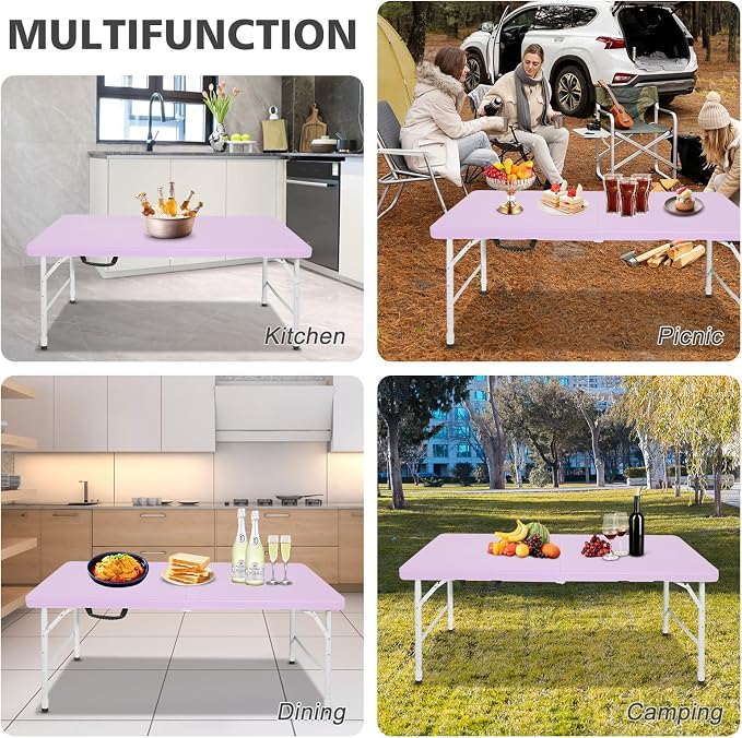 Portable 4Ft Folding Table, Heavy Duty Plastic Fold-in-Half Utility Foldable Table, Adjustable Height Plastic Folding Table with Carrying Handle for Camping &Party Indoor/Outdoor(Light Purple)