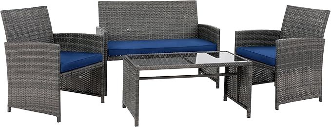 4 Piece Patio Ratten Set Outdoor Furniture Set Wicker Conversation Set with Cushions and Tempered Glass Tabletop,Deep Blue