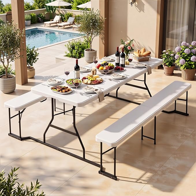 YITAHOME 6ft Folding Picnic Table with Benches, Heavy Duty Iron Frame & HDPE Plastic Table Set, Portable Outdoor Folding Table with Center Lock for Backyard, Park, Camping, Beach, White