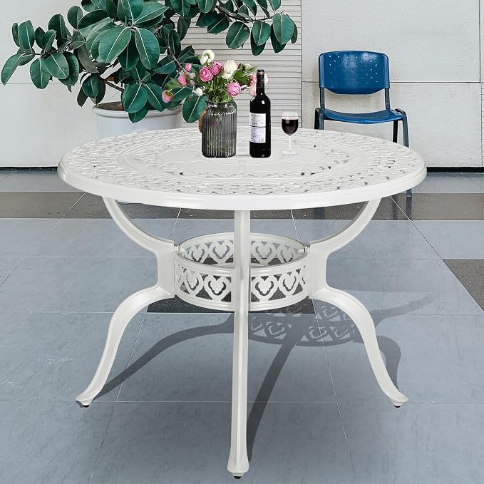 38.5 Inch Outdoor Dining Table Round Patio Table Bronze Cast Aluminum Rustic Large Table with Umbrella Hole, White