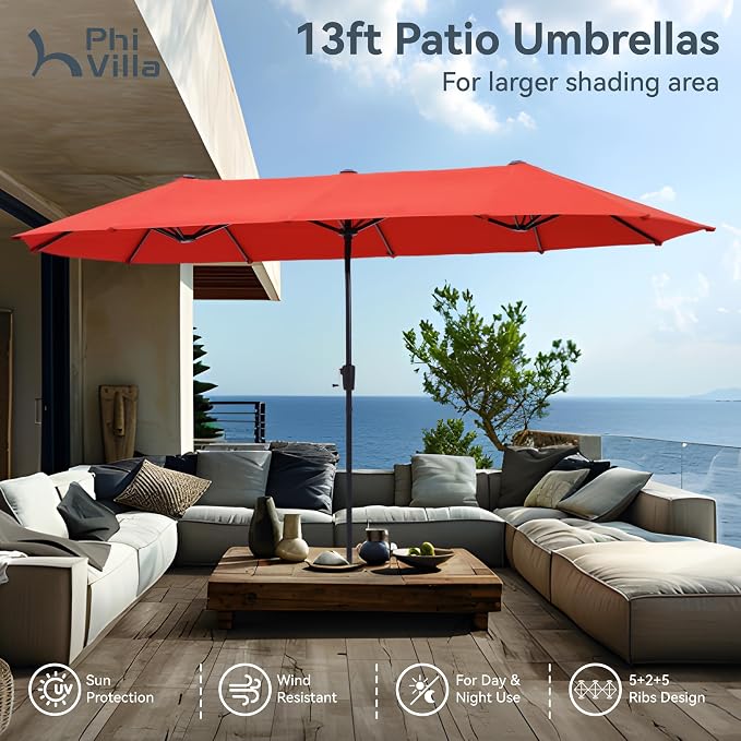 PHI VILLA 8 Pcs Outdoor Dining Set with 13ft Umbrella, Mesh Dining Chairs | 60'' wood-look rectangular table, 2 swivel & 4 fixed patio chairs and 13ft orange red umbrella(NO BASE) for deck, garden,yard