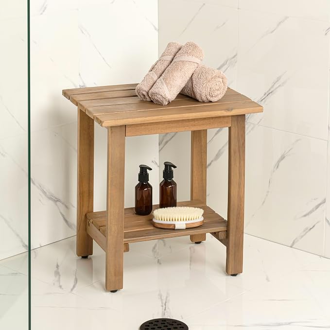 JONATHAN Y Kellie 16" Modern Light Teak Acacia Wood Outdoor Side Table with 2-Tier Storage, Weather-Resistant Rectangular Slatted End Table for Patio, Garden, Deck, and Porch END6001T