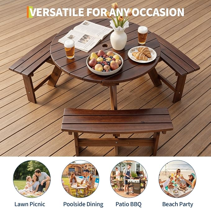 Garvee 6 Person Wooden Picnic Table, Outdoor Picnic Tables with 3 Built-in Benches, Circular Camping Dining Table and Chairs Set with Umbrella Hole for Garden, Patio, Backyard, Walnut Brown