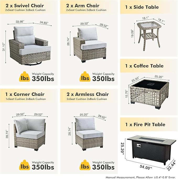 HOOOWOOO Sectional Patio Furniture Set with Fire Pit Table,10 Pieces Wicker Outdoor Furniture L Shaped Couch,Outside Conversation Set Extra Deep Seat Sofa Wide Arm Swivel Chairs Solar Table,Gray