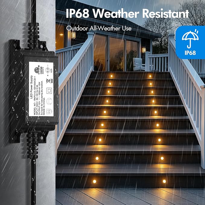24 Pack LED Recessed Deck Lights with Protecting Shell, IP68 Waterproof Warm White, 0.6W , Outdoor Landscape Lighting, 12V Low Voltage Deck Lights Kit for Garden Yard Step Riser Stair Decoration