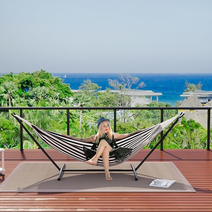 Double Hammock with Steel Stand - 2 Person Hammock Bed Indoor Outdoor, Brazilian-Style, with Carry Bag, 450lb Capacity, Portable & Easy Assembly, Black