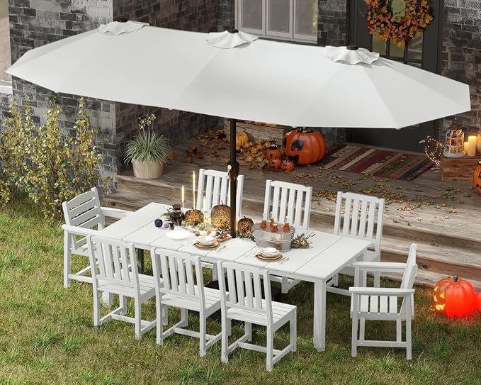 9-Piece Outdoor Dining Set with 15FT Umbrella for 8,White | 75.2'' HDPE table, chairs included, weather-resistant furniture with hole, ideal for lawn, poolside, yard, garden, deck