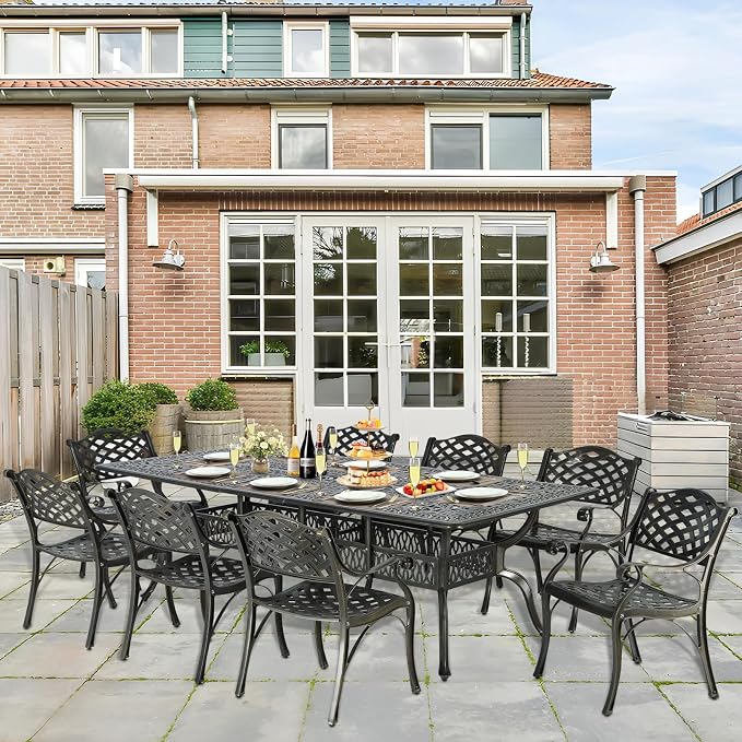 9-Piece Patio Cast Aluminum Dining Set, Outdoor Table and Chairs Set for 8, Includes 94.5" Rectangular Dining Table and 8 Chairs with Umbrella Hole, Patio Furniture Set for Deck Garden
