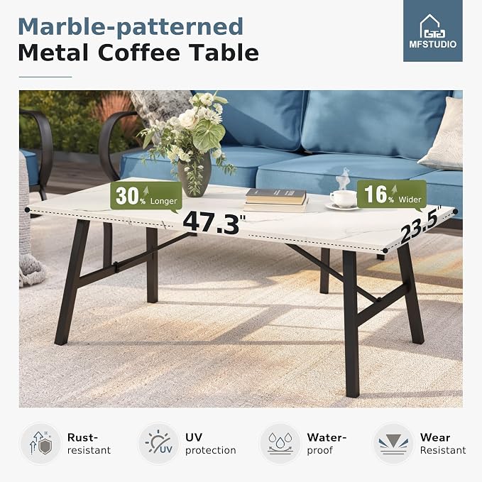 MFSTUDIO 4 Pieces Patio Conversation Sets(5 Seat),Outdoor Metal Furniture Sofas with 1 Loveseat(3 Seat), 2 Swivel Chairs,1 Coffee Table,Wrought Iron with Navy Cushion for Patio Courtyard Balcony