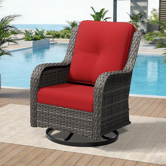 Outdoor Swivel Rocker Patio Chair - Outdoor Wicker Patio Furniture with Thickened Olefin Cushions, High Back and Deep Seating, Hand-Woven PE Rattan for Porch, Deck, Balcony, Red