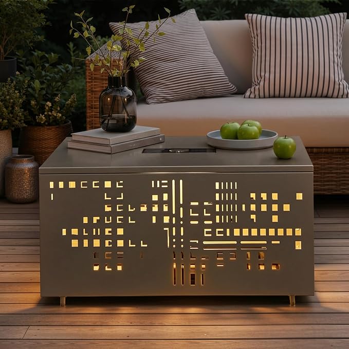 CAODOC 27" Square Outdoor Coffee Table with Umbrella Hole & Solar Light, Rust-Proof Metal Patio Table, Small Minimalist Low Accent Table for Living Room, Balcony, Deck, Backyard, Gray