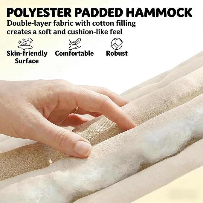 Outdoor Double Hammock with Hardwood Spreader Bars, 440 lb Capacity Patio Hammock, for Patio, Backyard, Porch, Camping & Garden, 128” x 55” (Cream White)
