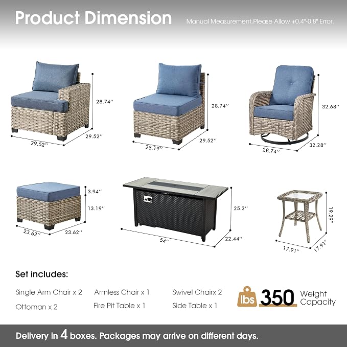 Wicker Patio Furniture Set with Fire Pit Table,9 Pieces Outdoor Sectional with Swivel Chairs Ottoman,Out Door Furniture Conversation Set,Denim Blue