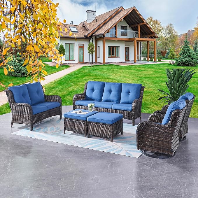 Rilyson Wicker Patio Furniture Set - 6 PC Rattan Outdoor Sectional Conversation Sets with 2 Rocking Swivel Chairs,2 Ottomans,1 Sofa and 1 Loveseat for Porch Deck Garden(Brown/Blue)