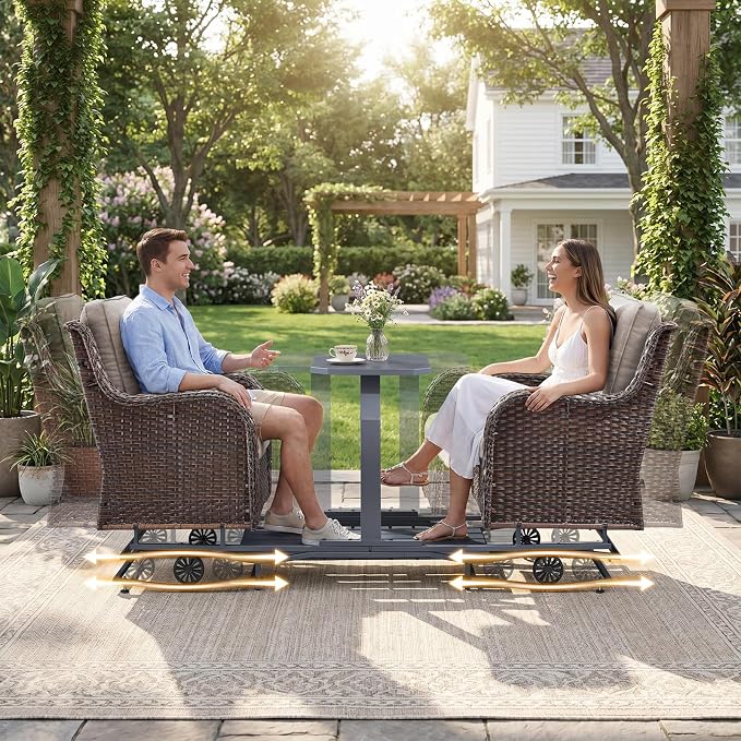 Rilyson Luxury Wicker Outdoor Conversation Set with Glider Rocker Chairs, 5 Pieces Patio Furniture Set with Rattan Swivel Rocker Chairs and Ottomans All Weather Brown/Beige