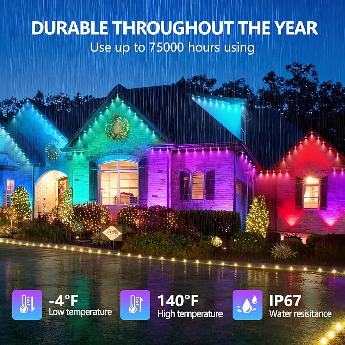 Permanent Outdoor Lights,Smart Eave Light RGB Color-Changing LED House Lighting with App & Remote, Christmas Light Effects, IP67 Weatherproof Outdoor Lights for Holidays & Christmas Decorations, 300FT