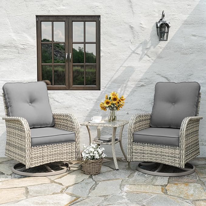 Outdoor Patio Furniture Set Patio Rocking Swivel Chair with Tempered Glass Side Table, Outdoor Wicker Rattan Bistro Set with Ottomans for Garden, Deck, and Balcony, Grey