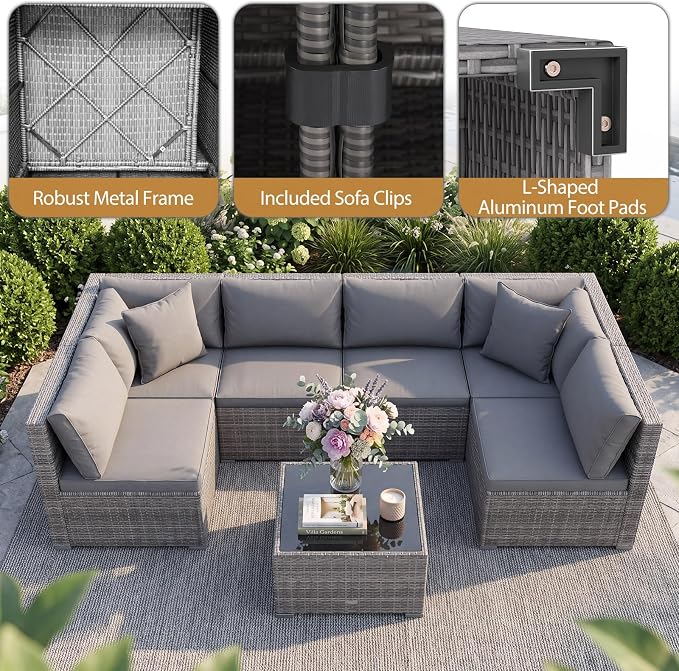 Tangkula 7 Pieces Wicker Patio Furniture Set, Outdoor Sectional Rattan Sofa Set with Seat & Back Cushions, Pillows, Coffee Table, Modular Conversation Set for Backyard, Poolside, Deck & Garden, Grey