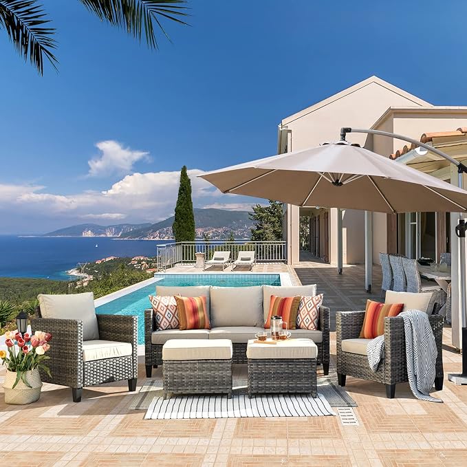 ovios 5 Pieces Patio Furniture Set, Outdoor Wicker Sofa Couch with Chairs Comfy Cushions, All Weather Grey Rattan Conversation Set for Backyard Deck Porch, Beige