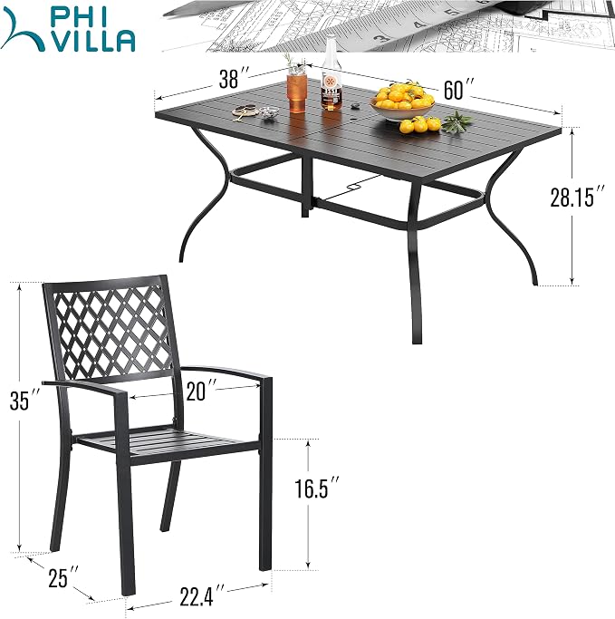 PHI VILLA Patio Dining Set for 6, Stackable Chairs& Rectangular Table | 60" Rectangular Metal Table& Stackable Black Wrought Iron Chairs,Large Outside Furniture for Patio,Deck,Backyard,Porch