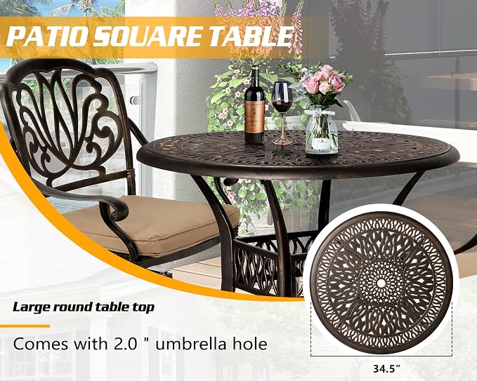 TITIMO 5-Piece Outdoor Patio Dining Set, All-Weather Cast Aluminum Furniture Patio Conversation Set 4 Swivel Chairs and 35.4" Table w/Cushions and Umbrella Hole for Backyard Garden Deck (Khaki)