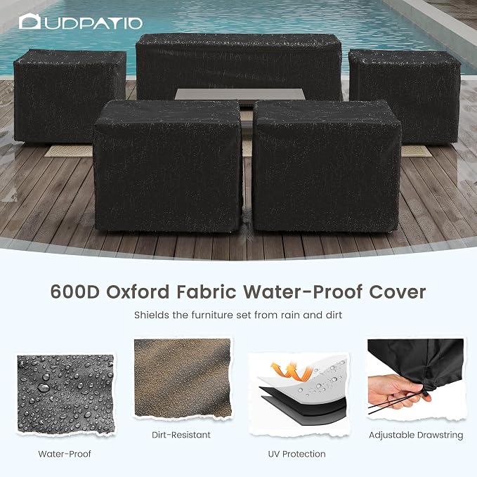 UDPATIO Aluminum Patio Furniture Set, Faux Wood Grain Modern Outdoor Furniture, 6" Cushions Metal Patio Conversation Sofa with Coffee Table for Poolside Deck, 8 PCS, Beige(Include 600D Covers)