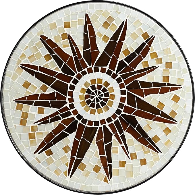Teal Island Designs Sunburst Rustic Black Metal Round Outdoor Accent Side Tables 14" Wide Set of 2 Brown Mosaic Tile Tabletop Gracefully Curved Legs for Spaces Porch Patio Home House Balcony Deck