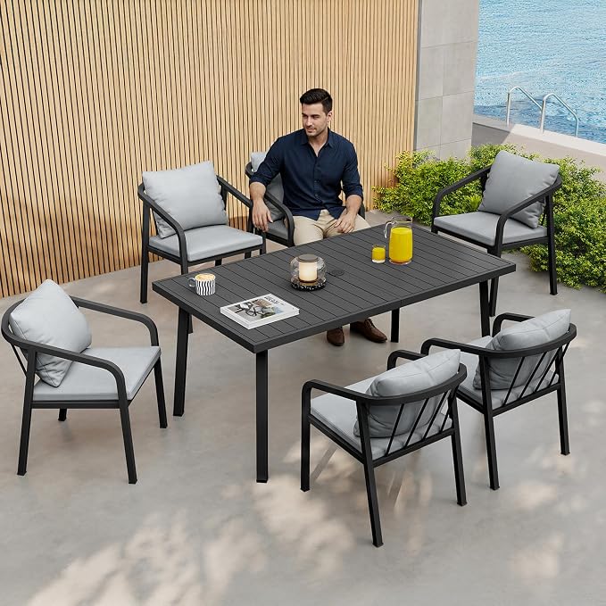 82"×35" Never-Rust Aluminum Outdoor Dining Table – Rectangular Patio Table for 8 Person with Umbrella Hole, Heavy Duty All-Weather for Poolside, Garden, Backyard, Porch, Deck, Black