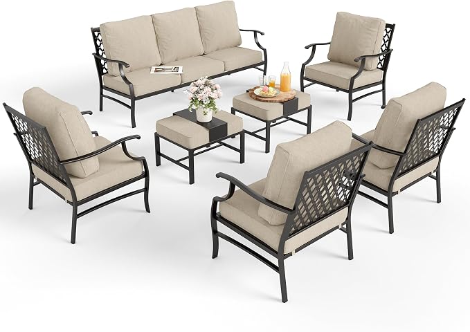 MIXPATIO Patio Furniture Set 7 pcs, Outdoor Patio Furniture, 3-Seat Sofa, 4 Single Chairs, 2 Ottomans and 5.75" Extra Thick Cushion, Patio Conversation Set for Garden Backyard Deck,Beige