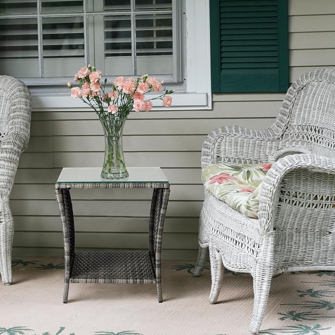 Outdoor Patio Wicker Side Table, Square End Table Bistro Coffee Table with Glass Top Storage Shelf for Porch Garden Backyard Rattan End Table Furniture with Storage (Light Grey)