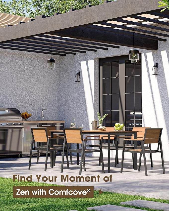Outdoor Dining Set, Aluminum Patio HDPS Outdooor Table and Chairs Set with Umbrella Hole, All Weather Patio Furniture Set, Patio Dining Table Set ,Gray & Teak ,7 Pieces