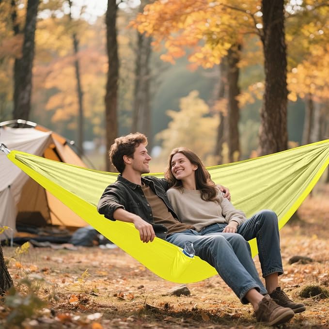 Bright Yellow Solid Color Camping Hammock, Portable Lightweight Single Hammock with Tree Straps and Aluminum Carabiners, 114" x 54" Travel Hammock for Hiking Backpacking Beach