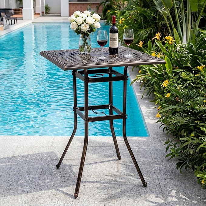 VINGLI Cast Aluminum Patio Bar Table, 42" Height High Top Outdoor Bar Table with Umbrella Hole, Pub Height Bistro Square Table for Paito Lawn Garden