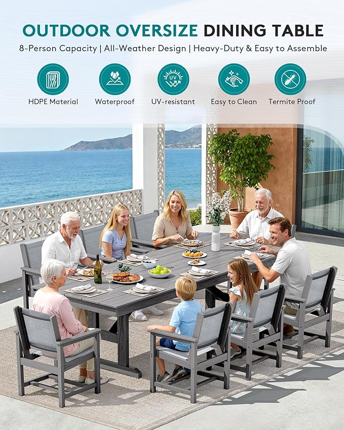 SERWALL 10 Piece Outdoor Dining Set with 15ft Triple-Head Foldable Umbrella(Based not Included), 84" HDPE Outdoor Large Table and Textilene Sling Chairs for 8, Gray