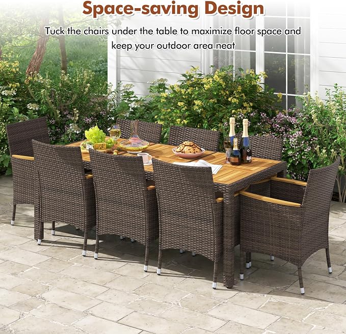 COSTWAY 9-Piece Patio Dining Set for 8, Outdoor Rattan Wicker Table and Chairs Furniture Set with Umbrella Hole, Acacia Wood Tabletop for Backyard, Balcony, Poolside, Brown & Beige