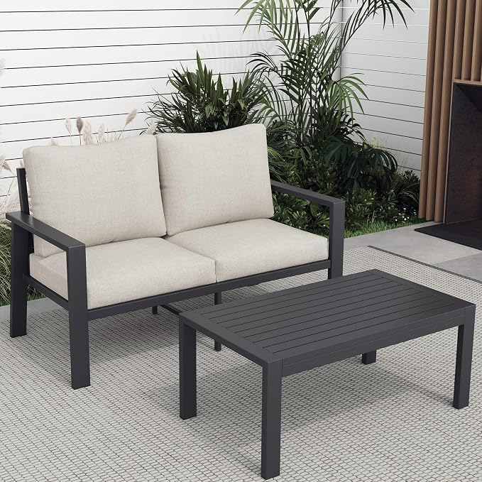 Aluminum Outdoor Loveseat with Coffee Table Small Furniture Patio Love Seat Couch Outdoor Chairs with 4" Cushion Loveseats Sofa for Poolside,Balcony,Deck,Yard