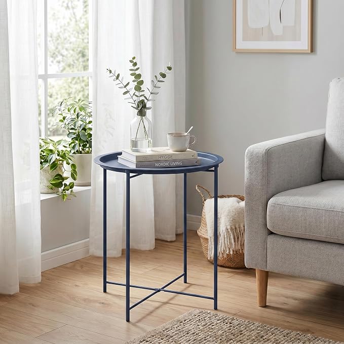 VECELO Side/End Table, Folding Round Metal Anti-Rust and Waterproof Outdoor or Indoor Tray for Living Room Bedroom Balcony and Office, 2 PCS, Blue